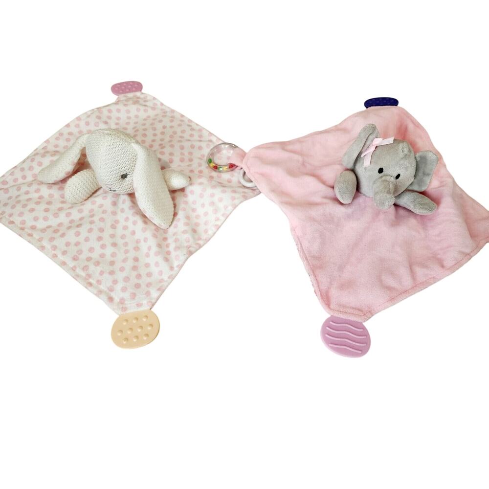 Set Of 2 Baby Loveys‎ Elephant Bunny Pink Polkadot Floral With Rattle Ends 12"